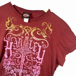 Harley‎ Davidson Graphic T-Shirt Womens XL Skull Las Vegas Burgundy